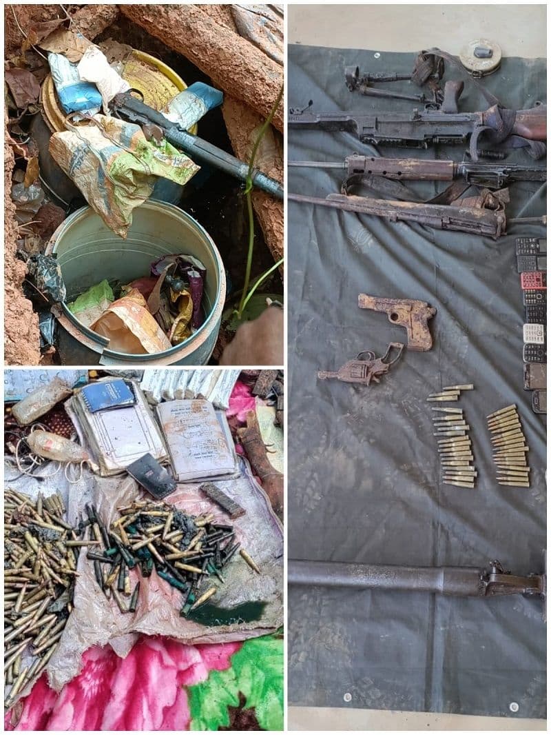 पुलिस ने टोंटों जंगल स्थित नक्सलियों के डम्प से एलएमजी, एसएलआर आदि दर्जनों हथियार किया बरामद