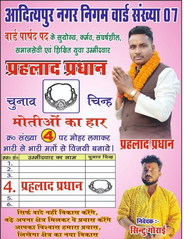 वार्ड-07 से प्रह्लाद प्रधान ने ठोकी दावेदारी, मोतियों का हार चुनाव चिन्ह के साथ जनसंपर्क तेज