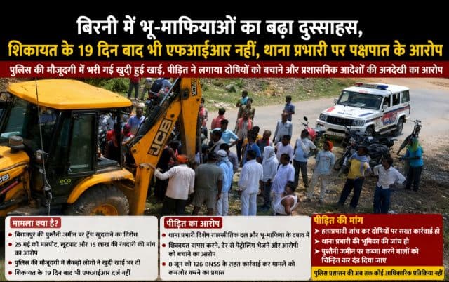 बिरनी में भू-माफियाओं का बढ़ा दुस्साहस, शिकायत के 19 दिन बाद भी एफआईआर नहीं, थाना प्रभारी पर पक्षपात के आरोप