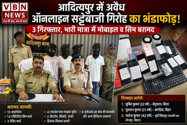 आदित्यपुर में ऑनलाइन सट्टेबाजी के बड़े नेटवर्क का भंडाफोड़, तीन आरोपी गिरफ्तार, 15 मोबाइल समेत भारी उपकरण जब्त