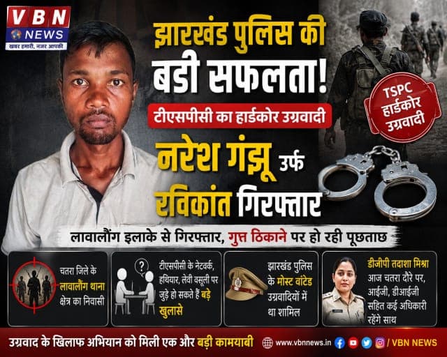 झारखंड पुलिस के हत्थे चढ़ा टीएसपीसी का हार्डकोर उग्रवादी नरेश गंझू, गुप्त ठिकाने पर हो रही पूछताछ